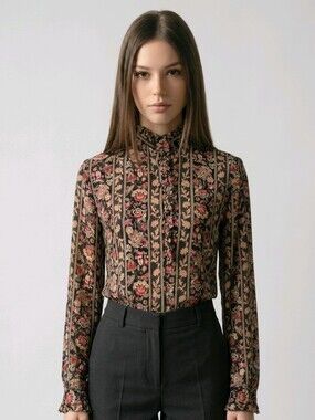Vintage 90's Women's Sheer Floral Button Up Shirt Blouse Romantic Edwardian